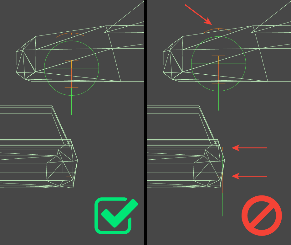 Good (left) and bad (right) positions for the VPWheelCollider with respect to the vehicle collider